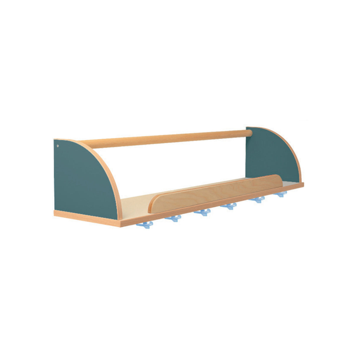 Shelf with coloured sides, front edge and 6 hooks 105x26x22h cm