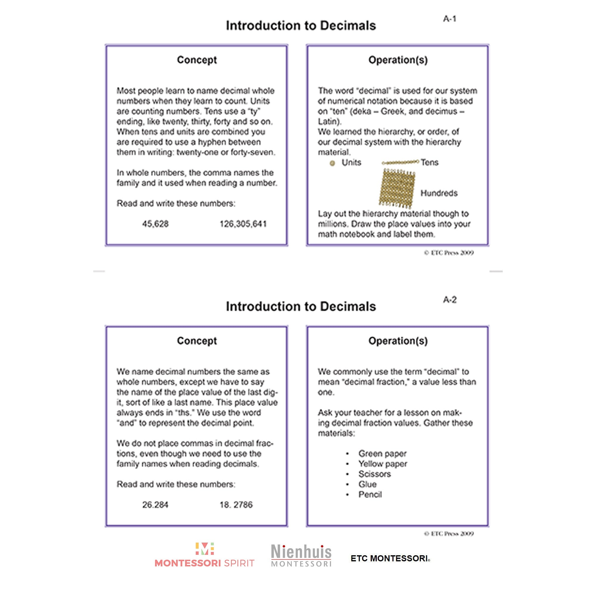 Decimal Work and Task Cards